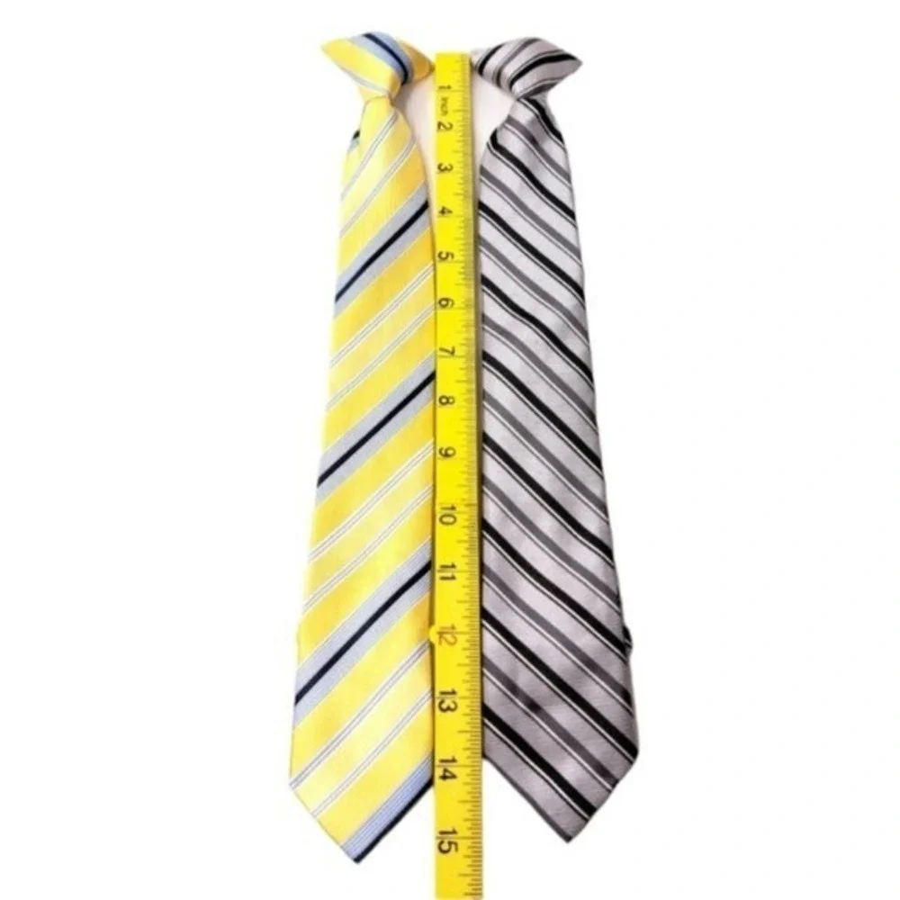 LOT OF 2 Boys Clip Tie Yellow Blue White and Silver Black Gray Stripes